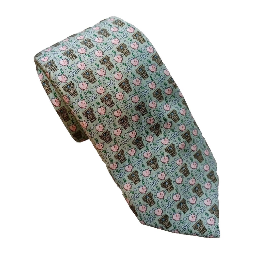 Vineyard Vines Money Piggy Bank Neck Tie Green Silk 60"x3.5" Bank Accountant
